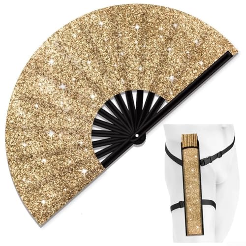 Glitzer, faltbarer Handventilator, großer Tanz-Festival-Ventilator mit Holster, tragbar, faltbar, persönliche Fächer für Sommerveranstaltungen, Tanzaufführungen, 35 x 65 cm (goldener Fächer) von RemixAst