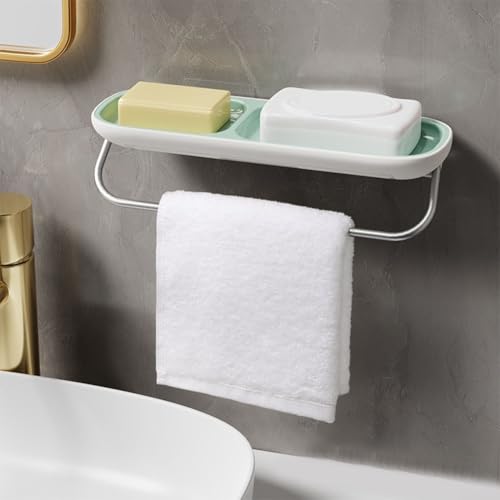 Selbstklebender Seifenschalen-Halter, Seifenkorb, Wand-Seifenschale mit Handtuchstange, kein Bohren, Badezimmer-Regal-Organizer, doppellagiges Design mit Drainage, ABS-Aluminium von RemixAst