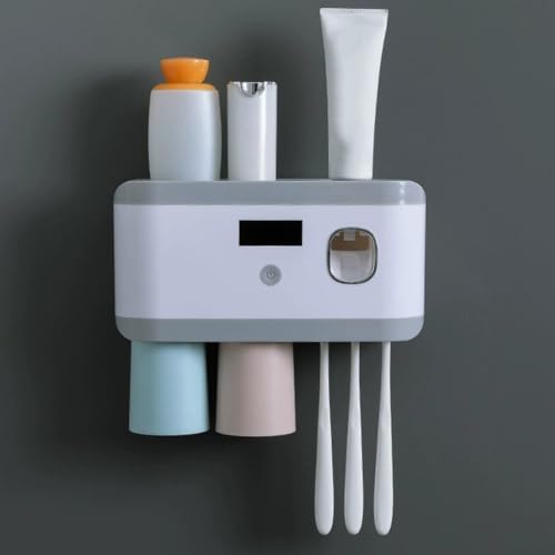 Zahnbürstenhalter zur Wandmontage, mit eingebautem Zahnpastaspender, wiederaufladbar über USB oder Lichtquelle, 60 Tage Standby, Organizer-Tablett für Badezimmer-Theke (grau) von RemixAst