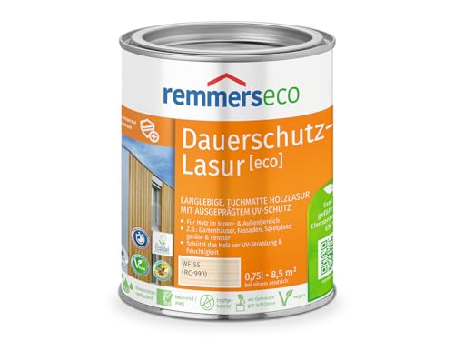 Remmers Dauerschutz-Lasur [eco] weiß, 0,75 Liter, Langlebig, ausgeprägter UV-Schutz, für innen und außen, Schutz vor UV-Strahlung & Feuchtigkeit von Remmers