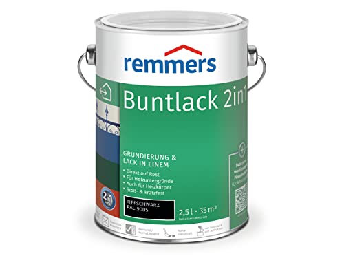 Remmers Buntlack 2in1 tiefschwarz (RAL 9005), 2,5 Liter, Buntlack für Holz, Eisen, Stahl, inkl. Grundierung und Rostschutz, innen und außen von Remmers