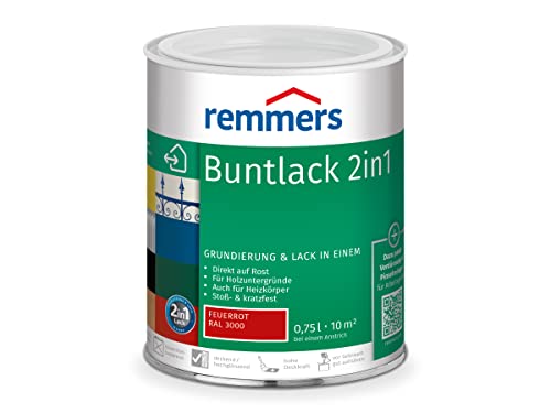 Remmers Buntlack 2in1 feuerrot (RAL 3000), 0,75 Liter, Buntlack für Holz, Eisen, Stahl, inkl. Grundierung und Rostschutz, innen und außen von Remmers