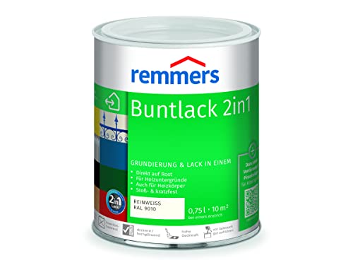 Remmers Buntlack 2in1 reinweiß (RAL 9010), 0,75 Liter, Buntlack für Holz, Eisen, Stahl, inkl. Grundierung und Rostschutz, innen und außen von Remmers