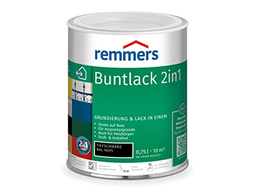 Remmers Buntlack 2in1 tiefschwarz (RAL 9005), 0,75 Liter, Buntlack für Holz, Eisen, Stahl, inkl. Grundierung und Rostschutz, innen und außen von Remmers