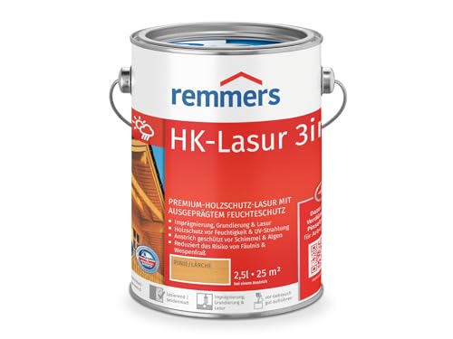 Remmers HK-Lasur 3in1 pinie/lärche, 2,5 Liter, Holzlasur aussen, 3facher Holzschutz mit Imprägnierung + Grundierung + Lasur, Feuchtigkeit- und UV-Schutz von Remmers