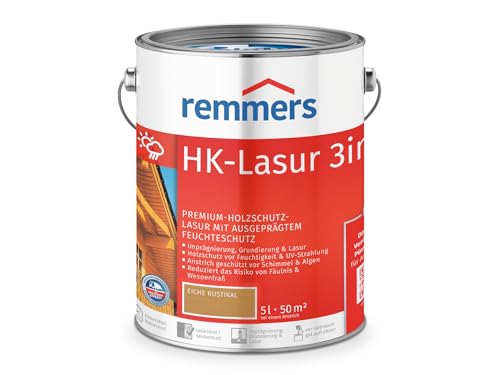 Remmers HK-Lasur 3in1 eiche rustikal, 5 Liter, Holzlasur aussen, 3facher Holzschutz mit Imprägnierung + Grundierung + Lasur, Feuchtigkeit- und UV-Schutz von Remmers