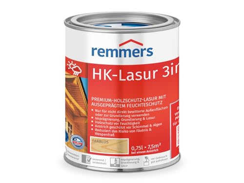 Remmers HK-Lasur 3in1 farblos, 0,75 Liter, Holzlasur aussen, 3facher Holzschutz mit Imprägnierung + Grundierung + Lasur, Feuchtigkeit- und UV-Schutz von Remmers