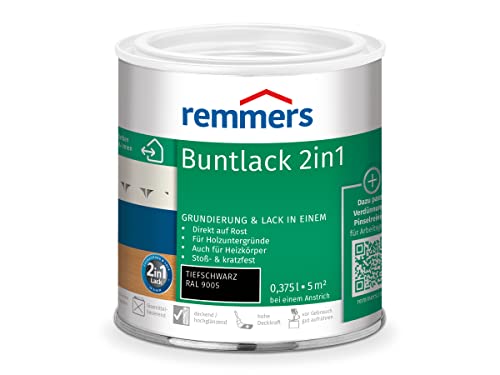 Remmers Buntlack 2in1 tiefschwarz (RAL 9005), 0,375 Liter, Buntlack für Holz, Eisen, Stahl, inkl. Grundierung und Rostschutz, innen und außen von Remmers