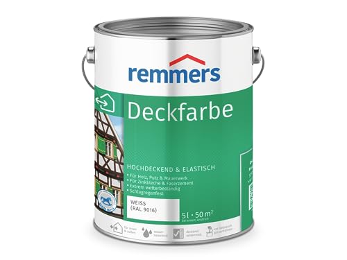 Remmers Deckfarbe weiß (RAL 9016), 5 Liter, Deckfarbe für innen und außen, Wetterschutzfarbe viele Untergründe, hochdeckend, wetterfest von Remmers