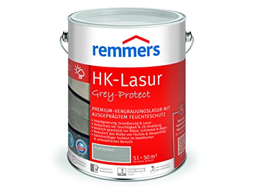 Remmers HK-Lasur Grey-Protect platingrau, 5 Liter, Holzlasur für Vergrauung außen, 3 Holzschutz Produkte in einem, Feuchtigkeit- und UV-Schutz von Remmers