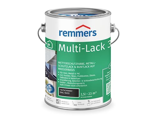 Remmers Multi-Lack 3in1 tiefschwarz (RAL 9005), 2,5 Liter, Wetterschutzfarbe, Metallschutzlack & Buntlack auf Wasserbasis für Holz, Metall & PVC von Remmers