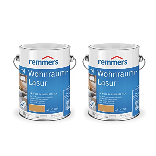 Remmers Spar-Set 2x Wohnraum-Lasur eiche, 2,5 Liter, Holzlasur innen, für Möbel, Böden, Innentüren und Treppen geeignet, mit Abperleffekt von Remmers