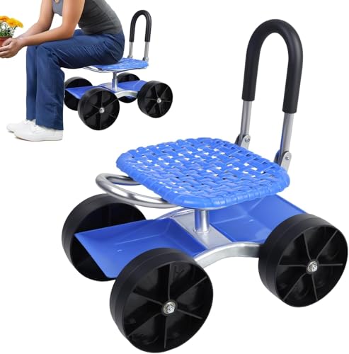Remorui Gartenhocker mit Rollen, Rollsitz für Gartenarbeit, 360-Grad-Drehsitz, Lenkgriff und Werkzeugablage mit atmungsaktivem Kissen, ergonomische von Remorui