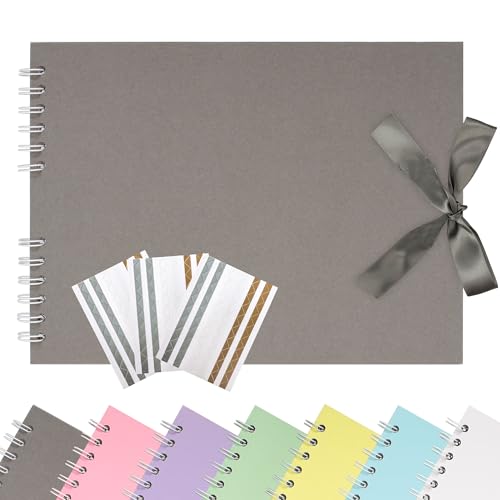 Remowith 21,5 x 15 cm Scrapbook-Album mit Band, Bastelpapier Fotoalbum für Hochzeit und Jubiläum, Familien DIY Fotoalbum mit Eckenaufklebern 40 Seiten Hellgrau von Remowith