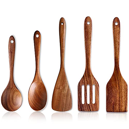 5 Stück Pfannenwender Holz Mit Loch Küchenutensilien Set Holzlöffel Kochen Besteckhalter Kuechenhelfer Set Suppenlöffel Groß Pfannenwender Salatbesteck Olivenholz Kochlöffel Geschenke Kochutensilien von Renawe
