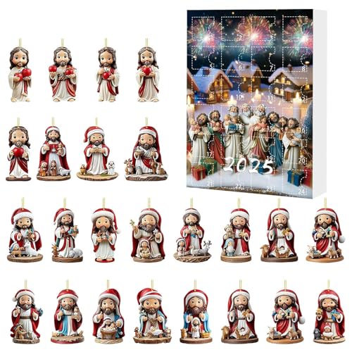 Renchey Christmas Countdown Kalender | Adventskalender Mit 24 Jesus Anhängern,Acryl Deko Szenen Requisiten Saisonale Sammelstücke für Zaun Kaminwand Wohnzimmer Schlafzimmer von Renchey