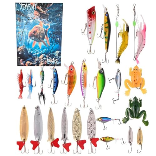 Renchey Fishing Lure Countdown Kalender,24 Tage Countdown Kalender mit Kunstködern - Hartköder Weichköder Angelzubehör Für Fluss See Teich Outdooraktivität von Renchey