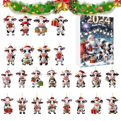 Renchey Weihnachtsornament Adventskalender - 24 Türchen Hängbare Kuh Deko Countdown Kalender | 2D Acryl Festtagsanhänger für Lehrer Gemeindemitglieder Familienbindung Klassenraum Jugendliche von Renchey
