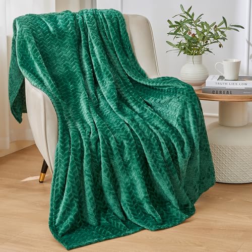 Rendiele Wurfdecke für Couch, Bett, Sofa – Super weiche Decke Jacquarddecke, Plüsch Flauschige kuschelige Würfe, warm und atmungsaktiv,Blättermuster (Waldgrün, 150 x 200 cm) von Rendiele