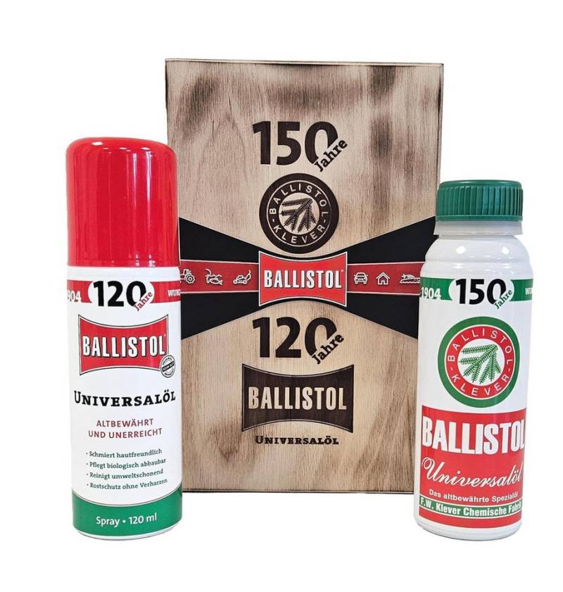 Ballistol Universalöl BALLISTOL Jubiläumsholzbox Universalöl 150 ml + 120 ml Spray, (Geschenkebox, mit 150 ml Universalöl, 120 ml Spray, Pflegetuch), Limitierte Holzbox mit Universalöl, Spray und Zubehör Ballistol Universalöl BALLISTOL Jubiläumsholzbox Universalöl 150 ml + 120 ml Spray, (Geschenkebox, mit 150 ml Universalöl, 120 ml Spray, Pflegetuch), Limitierte Holzbox mit Universalöl, Spray und Zubehör von Ballistol