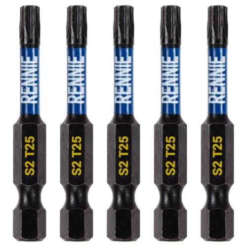 "Rennie Tool Company“ 5 x Rennie Tools 50 mm langes T25 TX25 Schlagschrauber-Bit-Set. Hochleistungs-Magnet-Torx-Schraubendreher-Bit-Set. Schwarzoxidbeschichtete Torx-Schlagschrauber-Bits. Torx-Bit-Se von Rennie Tool Company