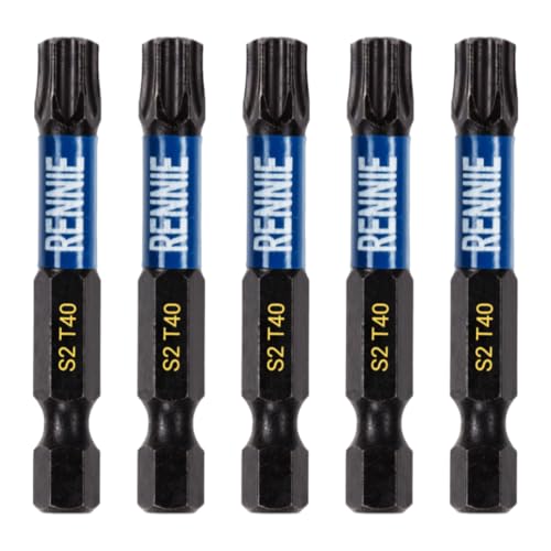 "Rennie Tool Company“ 5 x Rennie Tools 50 mm langes T40 TX40 Schlagschrauber-Bit-Set. Hochleistungs-Magnet-Torx-Schraubendreher-Bit-Set. Schwarzoxidbeschichtete Torx-Schlagschrauber-Bits. Torx-Bit-Se von Rennie Tool Company