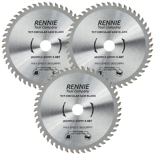 Rennie Tools Kreissägeblatt, 160 mm x 20 mm, 48 Zähne, TCT Kreissägeblatt, 3 Stück Passend für Bosch Festool TS55 Makita Ryobi Dewalt Kreissägen etc., 160 mm Kreissägeblatt, auch passend für 165 mm Rennie Tools Kreissägeblatt, 160 mm x 20 mm, 48 Zähne, TCT Kreissägeblatt, 3 Stück Passend für Bosch Festool TS55 Makita Ryobi Dewalt Kreissägen etc., 160 mm Kreissägeblatt, auch passend für 165 mm von Rennie Tool Company