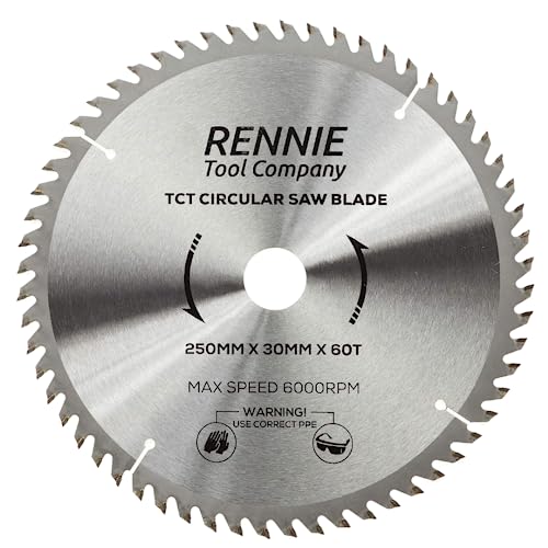 Rennie Tools TCT Kreissägeblatt, 250 mm x 30 mm x 60 Zähne, inkl. Reduzierringe für 25 mm, 20 mm und 16 mm Bohrung. Kompatibel mit Bosch, Makita, Dewalt Kreissägen usw. Passend für 255 mm Kreissägen von Rennie Tool Company