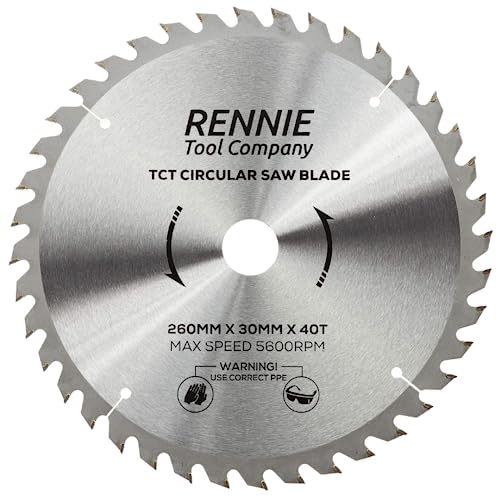 Rennie Tools TCT Kreissägeblatt, 260 mm x 30 mm x 40 Zähne, inkl. Reduzierringe mit 25 mm, 20 mm und 16 mm Bohrung. Kompatibel mit Festool, Bosch, Makita, Dewalt Kreissäge, etc. von Rennie Tool Company