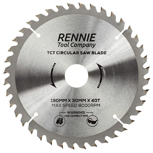 TCT-Sägeblatt, 190 mm x 40 Zähne, 190 mm Kreissägeblatt für Schruppschnitte x 30 mm Bohrung + 25 mm/20 mm/16 mm Bohrungsreduzierungsringe, kompatibel mit Bosch, Makita, Milwaukee, Ryobi, Dewalt von Rennie Tool Company