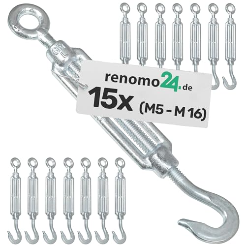 Renomo24-15x Spannschloss M8 Haken-Öse aus Stahl galvanisch verzinkt nach PN-EN 1993-1-11 von Renomo24