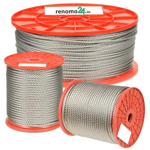 Renomo24 Drahtseil Edelstahl 1mm - 8mm INOX Stahlseil V4A Rostfrei Seil AISI 316 Edelstahlseil (100m, 3mm- 7x7) von Renomo24