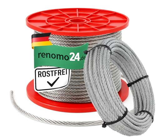 Renomo24 Edelstahl Drahtseil (50m, 3mm- 7x7) INOX Stahlseil V4A Rostfrei Seil AISI 316 Edelstahlseil Edelstahldraht von Renomo24