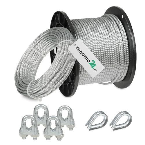 Renomo24 Drahtseil Set 1 - Stahlseil 10m 6mm 6x19 verzinkt, 4x Bügelklemmen, 2x Kauschen von Renomo24