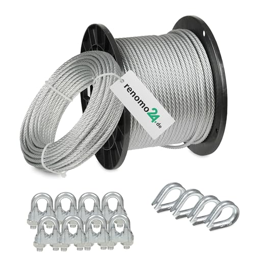 Renomo24 Drahtseil Set 2 - Stahlseil 10m 4mm 6x7 verzinkt, 8x Bügelklemmen, 4x Kauschen von Renomo24