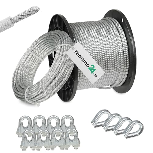 Renomo24 Drahtseil Set 2 - Stahlseil 20m 4mm 6x7 verzinkt und ummantelt, 8x Bügelklemmen, 4x Kauschen von Renomo24