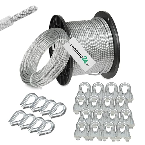 Renomo24 Drahtseil Set 3 - Stahlseil 20m 5mm 6x7 verzinkt und ummantelt, 16x Bügelklemmen, 8x Kauschen von Renomo24