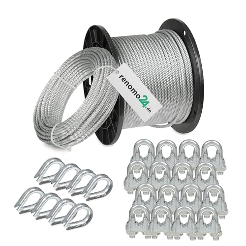 Renomo24 Drahtseil Set 3 - Stahlseil 5m 5mm 6x7 verzinkt, 16x Bügelklemmen, 8x Kauschen Renomo24 Drahtseil Set 3 - Stahlseil 5m 5mm 6x7 verzinkt, 16x Bügelklemmen, 8x Kauschen von Renomo24