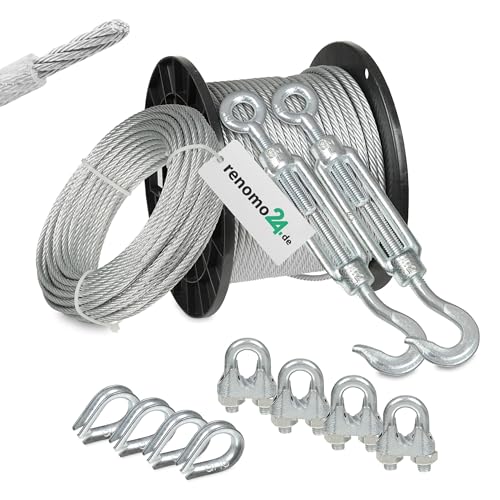 Renomo24 Drahtseil Set 4 - Stahlseil 100m 3mm 6x7 verzinkt und ummantelt, 2x Spannschloss Haken/Öse, 4x Bügelklemmen, 4x Kauschen von Renomo24