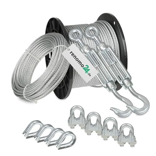 Renomo24 Drahtseil Set 4 - Stahlseil 10m 8mm 6x19 verzinkt, 2x Spannschloss Haken/Öse, 4x Bügelklemmen, 4x Kauschen von Renomo24