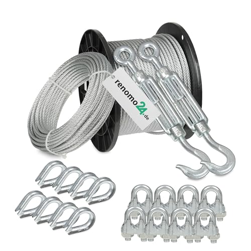Renomo24 Drahtseil Set 5 - Stahlseil 10m 4mm 6x7 verzinkt, 2x Spannschloss Haken/Öse, 8x Bügelklemmen, 8x Kauschen von Renomo24