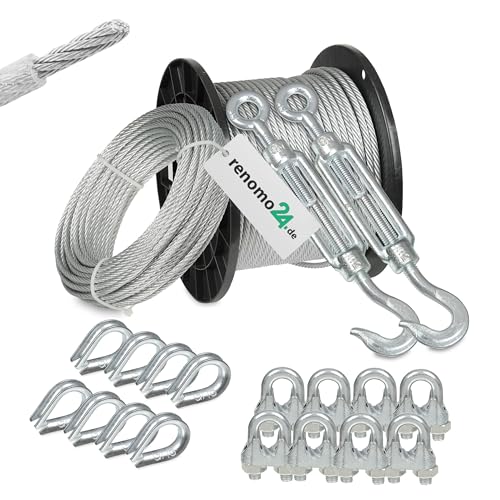 Renomo24 Drahtseil Set 5 - Stahlseil 10m 4mm 6x7 verzinkt und ummantelt, 2x Spannschloss Haken/Öse, 8x Bügelklemmen, 8x Kauschen von Renomo24