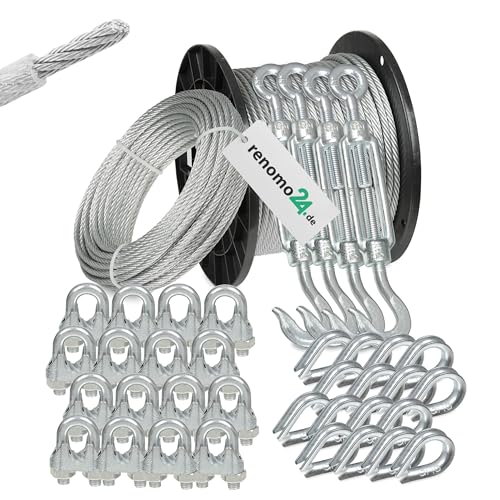 Renomo24 Drahtseil Set 6 - Stahlseil 100m 4mm 6x7 verzinkt und ummantelt, 4x Spannschloss Haken/Öse, 16x Bügelklemmen, 16x Kauschen von Renomo24