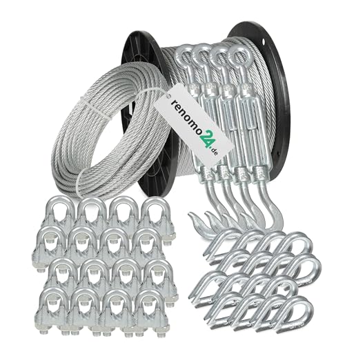 Renomo24 Drahtseil Set 6 - Stahlseil 20m 8mm 6x19 verzinkt, 4x Spannschloss Haken/Öse, 16x Bügelklemmen, 16x Kauschen Renomo24 Drahtseil Set 6 - Stahlseil 20m 8mm 6x19 verzinkt, 4x Spannschloss Haken/Öse, 16x Bügelklemmen, 16x Kauschen von Renomo24