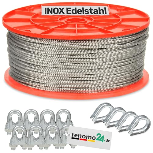 Renomo24 Edelstahlseil Set 2 (3mm 7x7) - 5m, 8x Bügelklemmen, 4x Kauschen / V4A / AISI 316 (INOX) von Renomo24