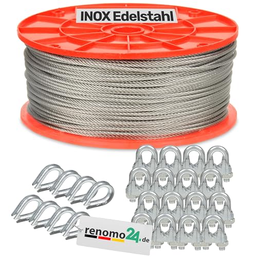 Renomo24 Edelstahlseil Set 3 (4mm 7x19) - 15m, 16x Bügelklemmen, 8x Kauschen / V4A / AISI 316 (INOX) von Renomo24