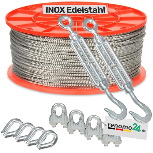 Renomo24 Edelstahlseil Set 4 (4mm 7x19) - 5m, 2x Spannschloss Haken/Öse, 4x Bügelklemmen, 4x Kauschen / V4A / AISI 316 (INOX) von Renomo24