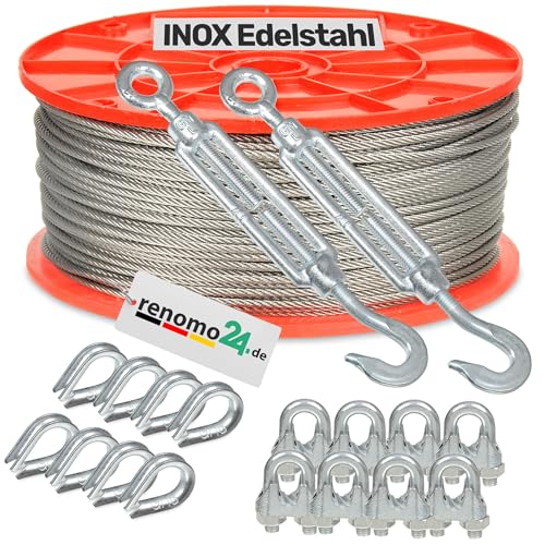 Renomo24 Edelstahlseil Set 5 (4mm 7x19) - 50m, 2x Spannschloss Haken/Öse, 8x Bügelklemmen, 8x Kauschen / V4A / AISI 316 (INOX) von Renomo24