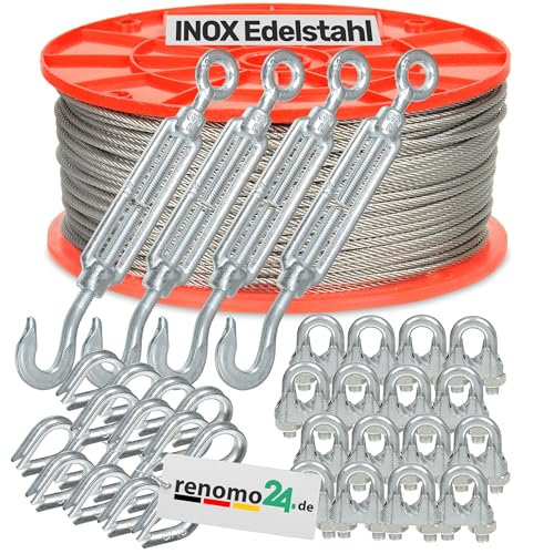 Renomo24 Edelstahlseil Set 6 (3mm 7x7) - 100m, 4x Spannschloss Haken/Öse, 16x Bügelklemmen, 16x Kauschen / V4A / AISI 316 (INOX) von Renomo24