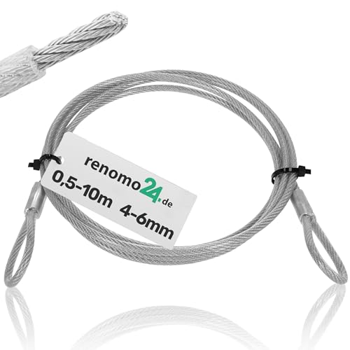Renomo24 PVC Drahtseil mit Ösen 4mm - 6mm Stahlseil verzinkt und ummantelt, Sicherungsseil, Schlaufenkabel (2m, 6mm) von Renomo24